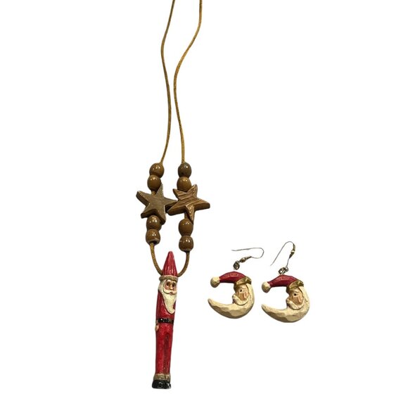 SANTA CLAUS Necklace and Earrings Folk Art Wooden-look String Father Christmas - Picture 7 of 8